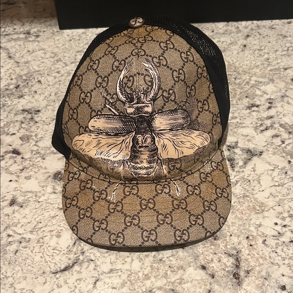 Gucci GG Monogram Moth Bee Tan and Black Insect Motif Hat